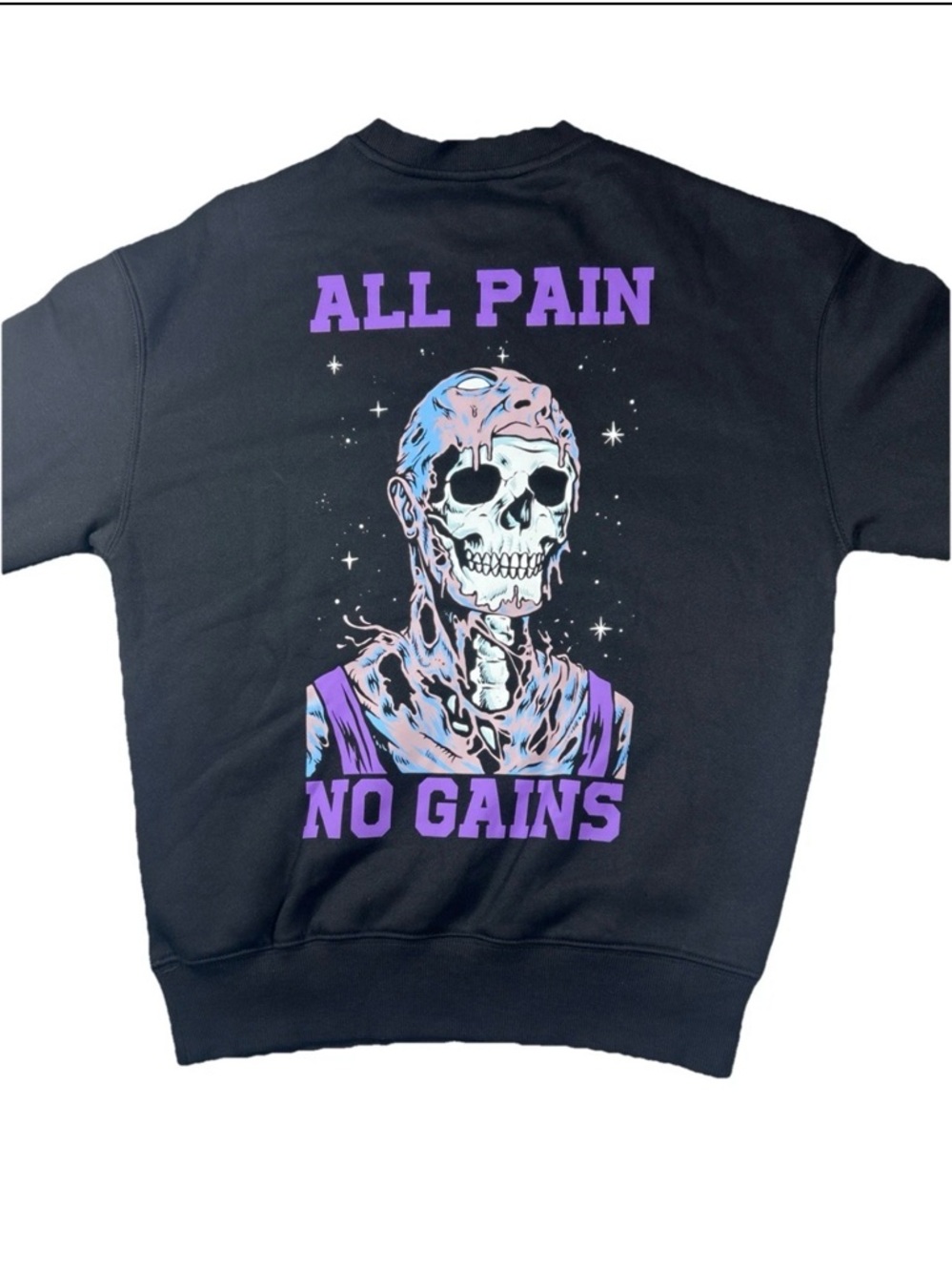 Men's Black Crewneck Sweatshirt with Purple 'All Pain No Gains' Graphic